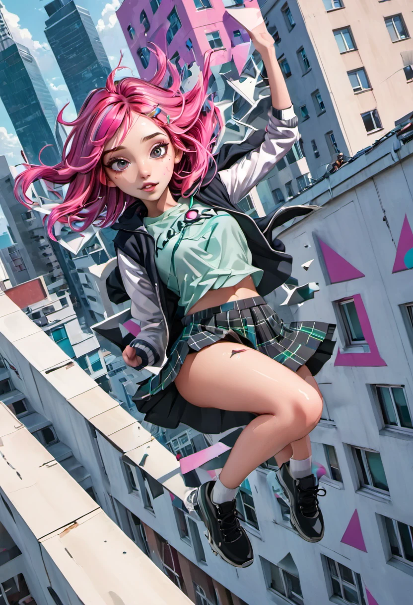 (falling from a building at high speed), girl with a beautiful face, black and pink hair, defined details, messy school clothes, looking at the camera, "Generate an illustration in a style that blends organic shapes with geometric patterns, emphasizing vibrant colors and dynamic compositions."