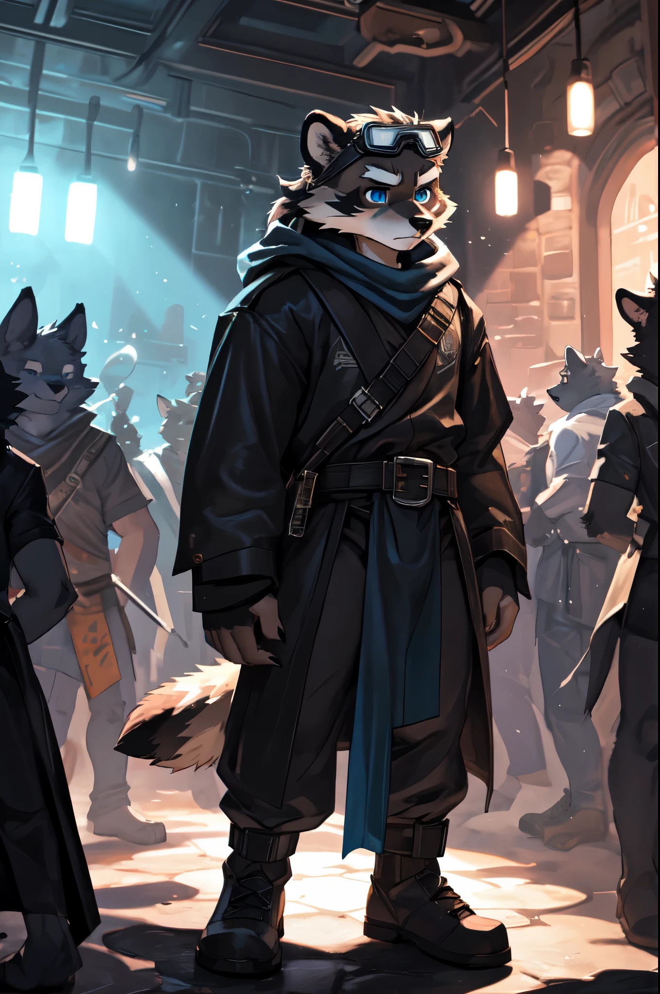 highres, High-quality illustrations, unparalleled masterpiece(movie of life)(furry anthro:1.7)absurd resolution (highly detailed beautiful face and eyes)perfect anatomy, expression, caustics, no lighting, deep shadow, dynamic angle, Solo, furry, furry, teenccoon, grey body, long brown spiked_ponytail, Detailed body fur, long blue_scarf, leather_harness, blue_loincloth, goggles, masterpiece, gray body, Detailed face, big eyebrows, blue eyes, detailed eyes, No muscles, Detailed hands, Flat body, Skinny, Detailed paws, metal cuffs on wrists, metal cuffs on ankles, black baggy pants, no shirt, no underwear, crowded nightclub, bored,