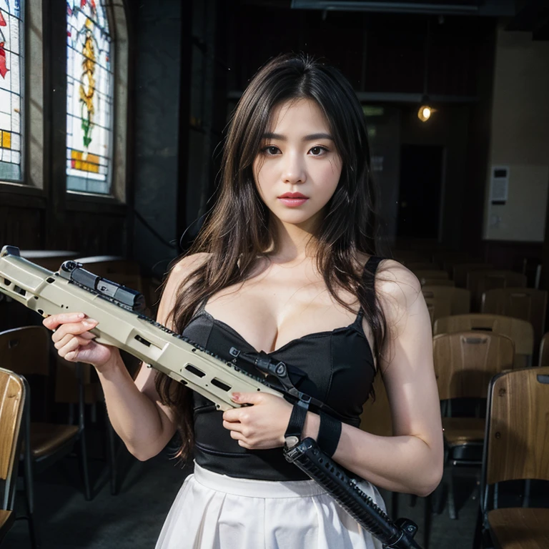 (highest quality、High resolution、Masterpiece: 1.2)、Super detailed、(Real、Photorealistic、Photorealistic: 1.37)、Cowboy Shot、Beautiful detailed eyes、Beautiful detailed lips、Highly detailed eyes and face、Long eyelashes、Huge Breasts、One woman、Full up hairstyle、Translucent latex dress、(FN SCAR-L 5.Holding a 56mm assault rifle towards the viewer:1.7)、A mixture of erotic and non-tension、Standing at the altar of the chapel、Stained Glass、huge breasts

