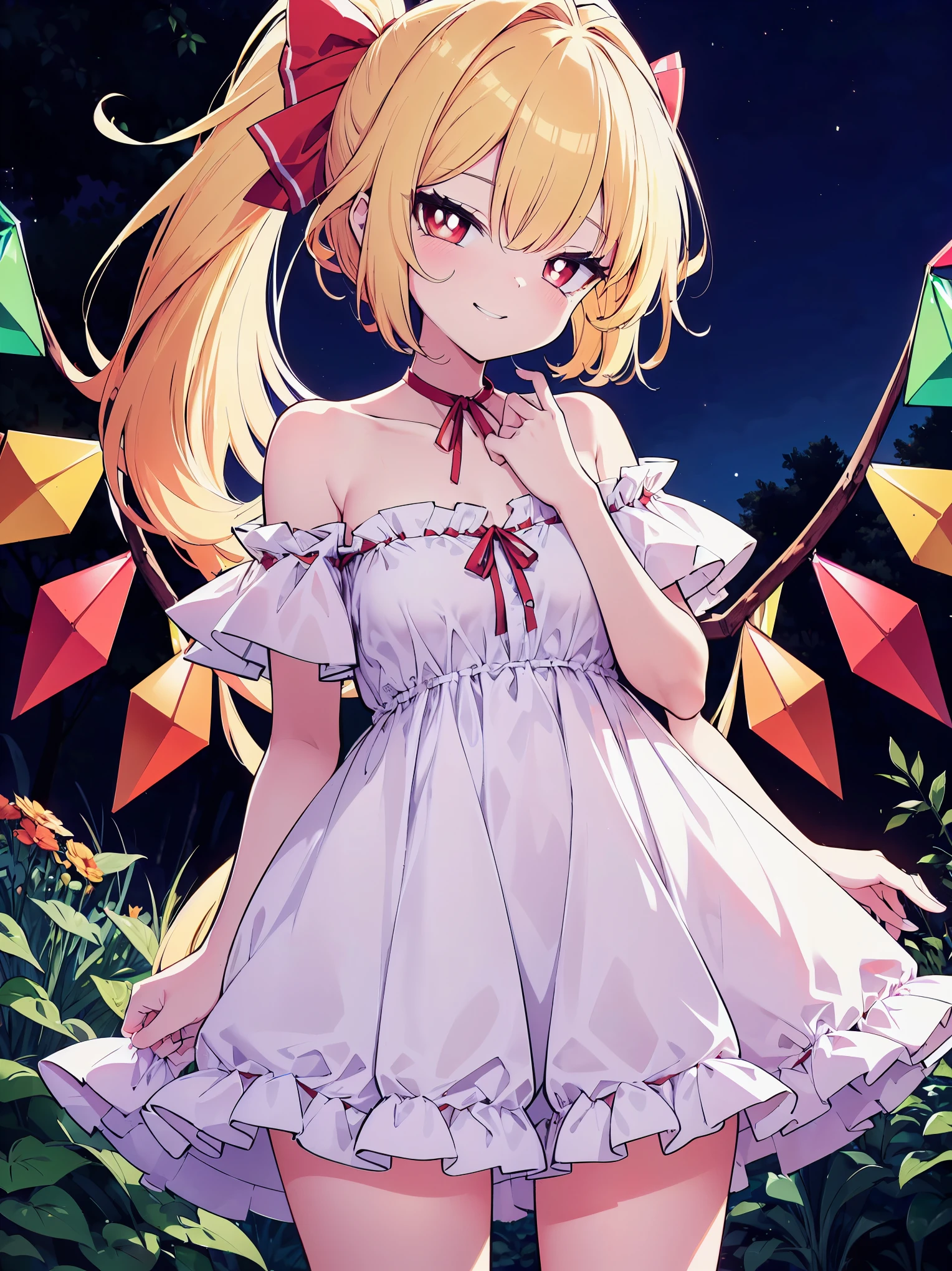 (cowboy shot), (colorful:1.1), vibrant color, (ultra-high resolution, depth of field:1.2), (Flandre scarlet:1.1), (1woman), (adult), in her 20s, Touhou project, (medium breasts:1.1), (red eyes), white pupils, glowing eyes, (blonde hair), (forehead), ponytail, (bangs), red ribbon, (intricate white sundress), (wearing white a sundress:1.2), frills, off shoulders, seductive smile, (grinning), squinting eyes, head slightly tilting to the side, garden scenery, night