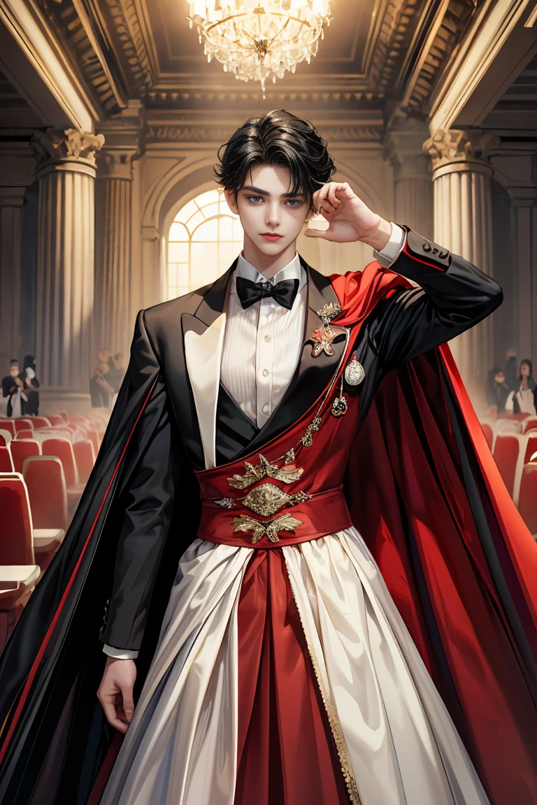masterpiece, 最high quality, high quality, 1 boy, alone, Male focus, Watching the audience, Messy black hair, Adorable big blue eyes, White, Noble, Noble, Beautiful angel、Tuxedo、A tall stand-up collar, very big, very big, very big, long, long, reaching down to the floor, a long, long red and black cape made with a lot of fabric, ,Cute beautiful boys,Cute, cute, kind, handsome guy