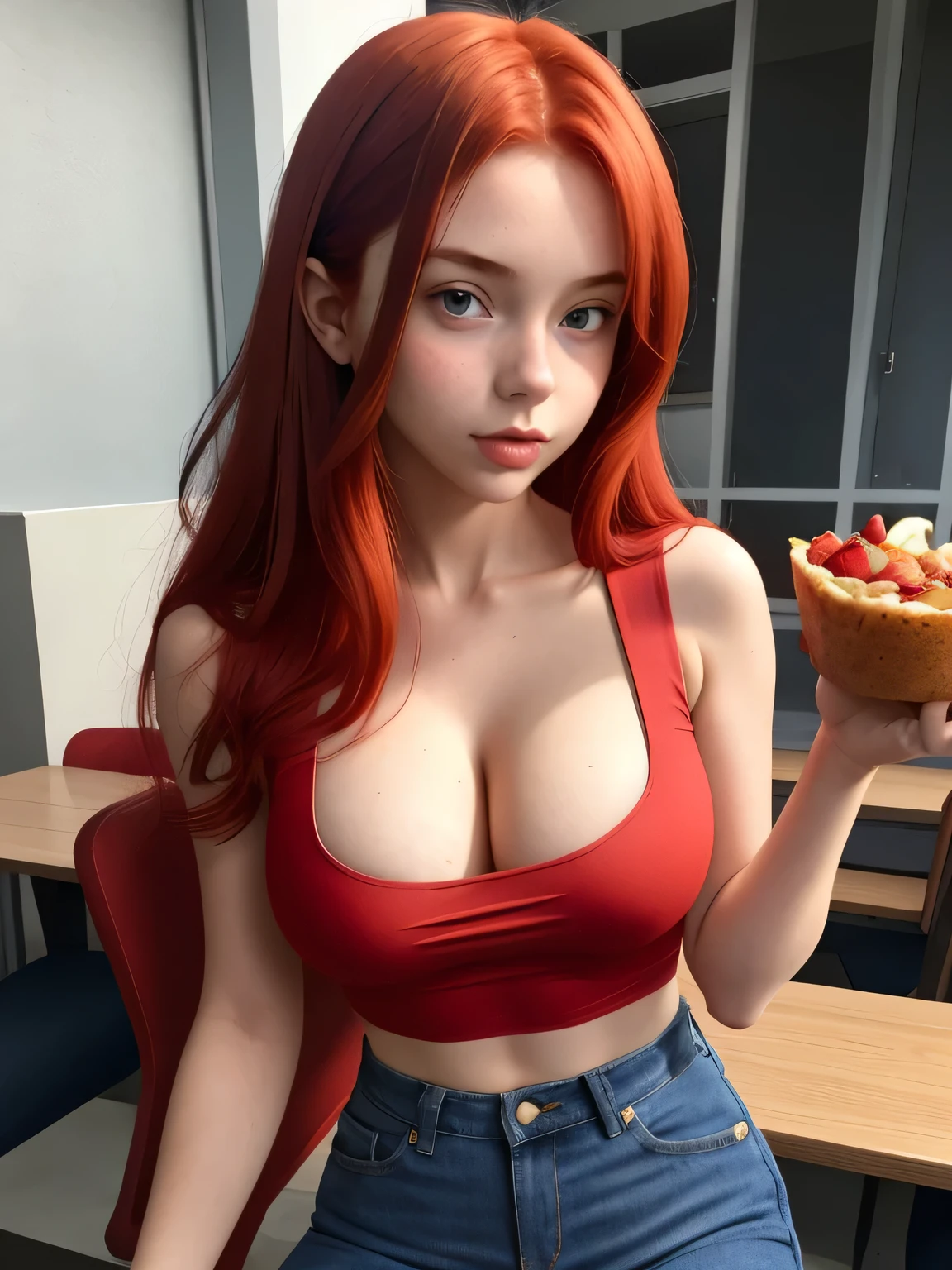 Cute girl, age 18, redhead, wearing a tight red top with a cutout, cleavage, blue jeans, eating lunch, sfw