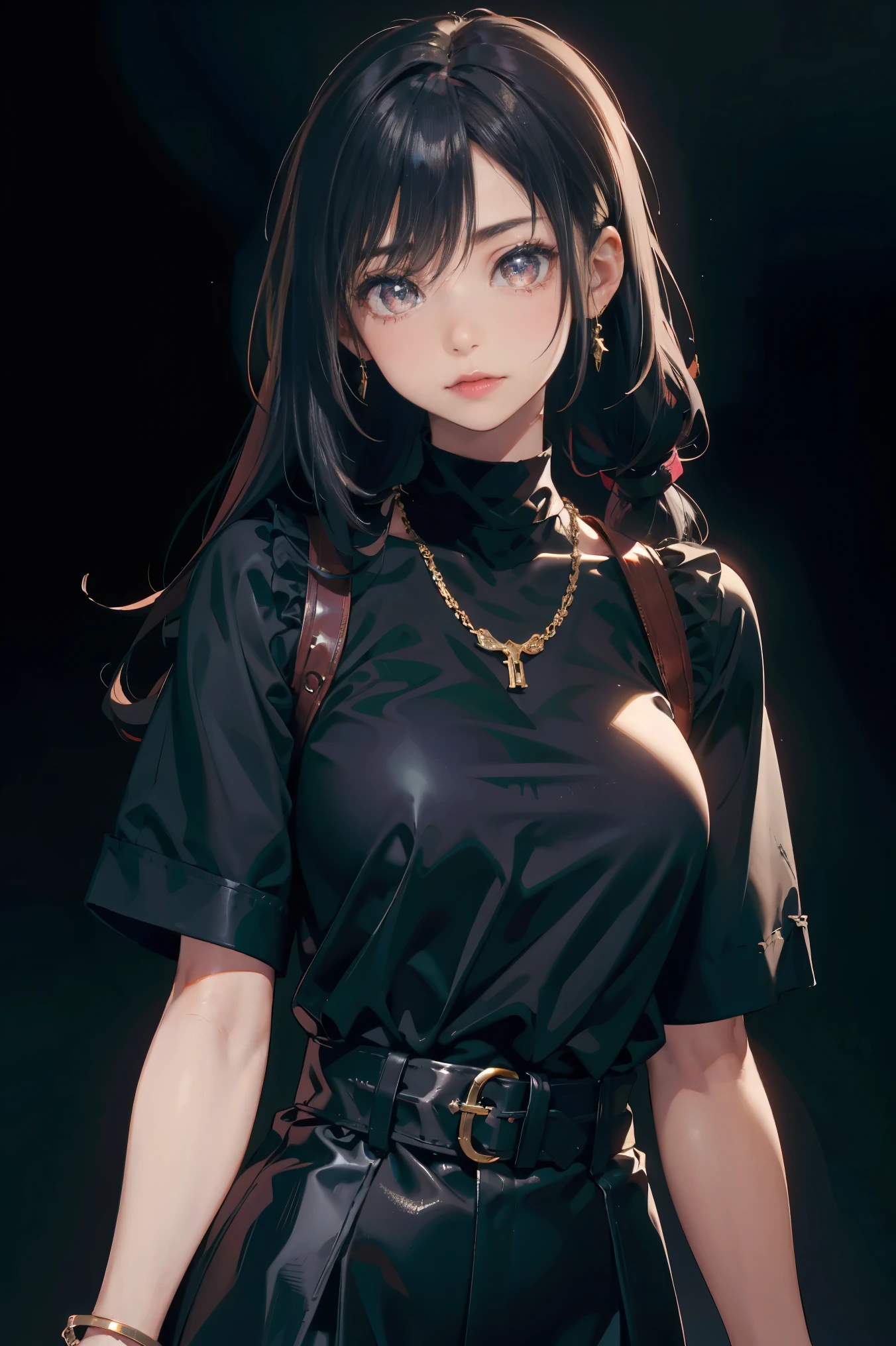 a 20 yo woman、Black blue Hair、poneyTail、(hi-top fade:1.3)、dark themed、Muted Tones、Subdued Color、highly contrast、(natural skin textures、Hyper-Realism、Soft light、sharp)、makeup, mascara, Lips are subdued or colors, simple black background, Minimalism, monotone, simple color palettes, Clean, sharp designs, flowing silhouettes, Tight skirts and pants, high-waisted skirts and pants, simple dresses, shirts and blouses, asymmetrical, geometric, Elegant and luxurious materials and designs, Simple, minimal accessories, Slim necklaces and rings in silver or gold, Simple bangles, Distinctive designs, simple silhouettes, simple and sophisticated style, elegance, minimalism, high quality materials, cool and urban impression, high fashion, simplicity and sophistication,