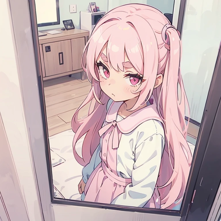 Girls with pink hair, long double-tailed hairstyle, ((small pink bushy eyebrows)), dressed in ta clothes, marked vagina, loli(Zankuro) drawing style by zankuro artist, Zancro style, image uploaded to R34, changing of clothes in a room, looking away, not looking at the camera (hidden camera recording it, security camera filter recording it)