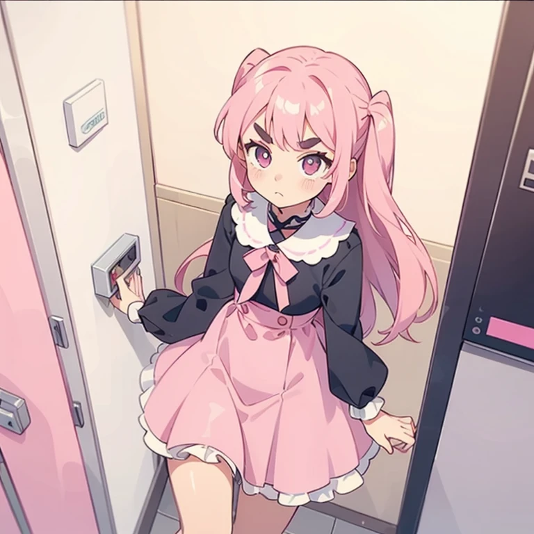 Girls with pink hair, long double-tailed hairstyle, ((small pink bushy eyebrows)), dressed in ta clothes, marked vagina, loli(Zankuro) drawing style by zankuro artist, Zancro style, image uploaded to R34, changing of clothes in a room, looking away, not looking at the camera (hidden camera recording it, security camera filter recording it)