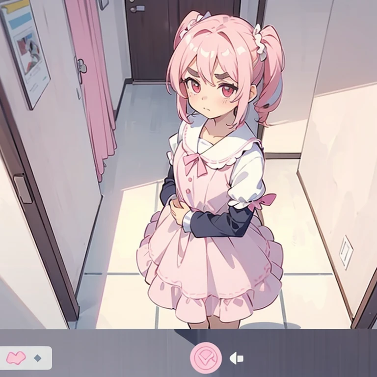 (best quality, masterpiece:1.2), illustrations, a cute girl, cute face, kawaii, early teens, very lovingly face, twintails, pink hair, small breasts, maid wear, (orgasm face, closed eyes, aroused, open mouth, blush cheeks, saliva trail:1.2), BREAK (motion blur with intense sex:1.3), penis, cum out, standing, bent down, from side, living room, (man behind girl),