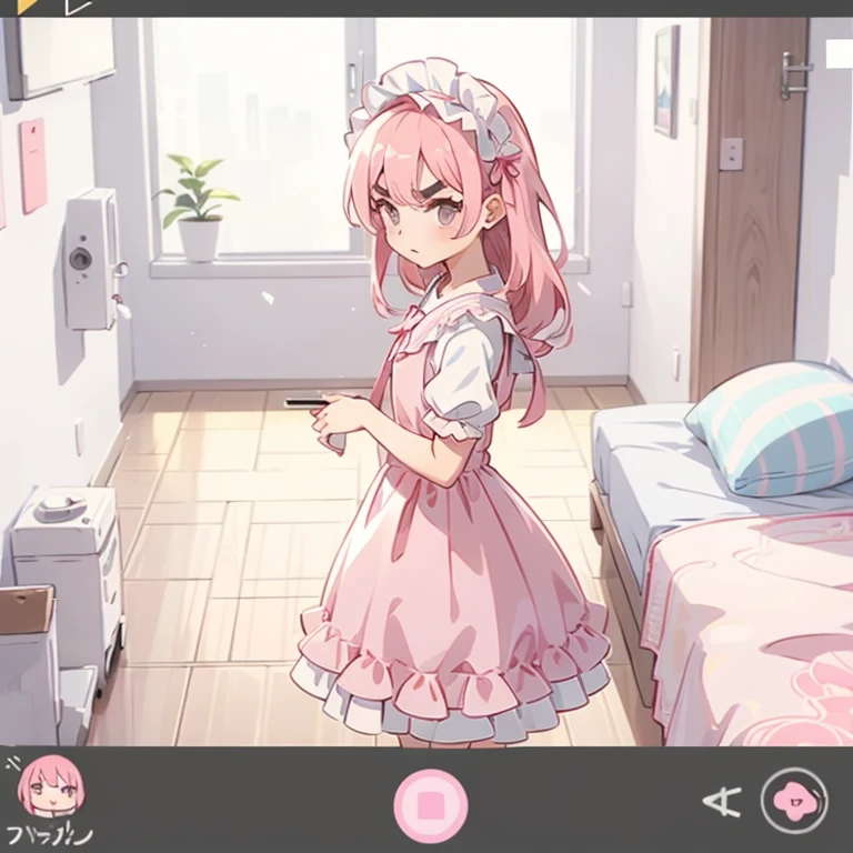Girls with pink hair, long double-tailed hairstyle, ((small pink bushy eyebrows)), dressed in lolita clothes, marked vagina, lolicon (Zankuro) drawing style by zankuro artist, Zancro style, image uploaded to R34, changing of clothes in a room, looking away, not looking at the camera (hidden camera recording it, security camera filter recording it)