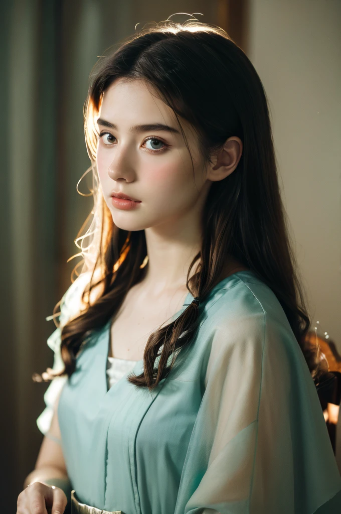 ( masterpiece, top quality, best quality,8k, girl,ultra detailed,raw photo:1.5),(photorealistic:1.4), (cinematic lighting), PerfectNwsjMajic, , Surrealism, UHD, ccurate, Super detail, textured skin, High detail, Best quality, dynamic angle, White skin,[Beautiful blue eyes], high nose,[flat chest:large breasts:0.5],(1girl),(good anatomy:0.5)), Dreamy atmosphere, Dark,expressive brush strokes, mystical ambiance, Artistic interpretation, Stunning Studio Ghibli style costumes, a whimsical illustration, Subtle colors and tones, mystical aura,straight face, hairstyles