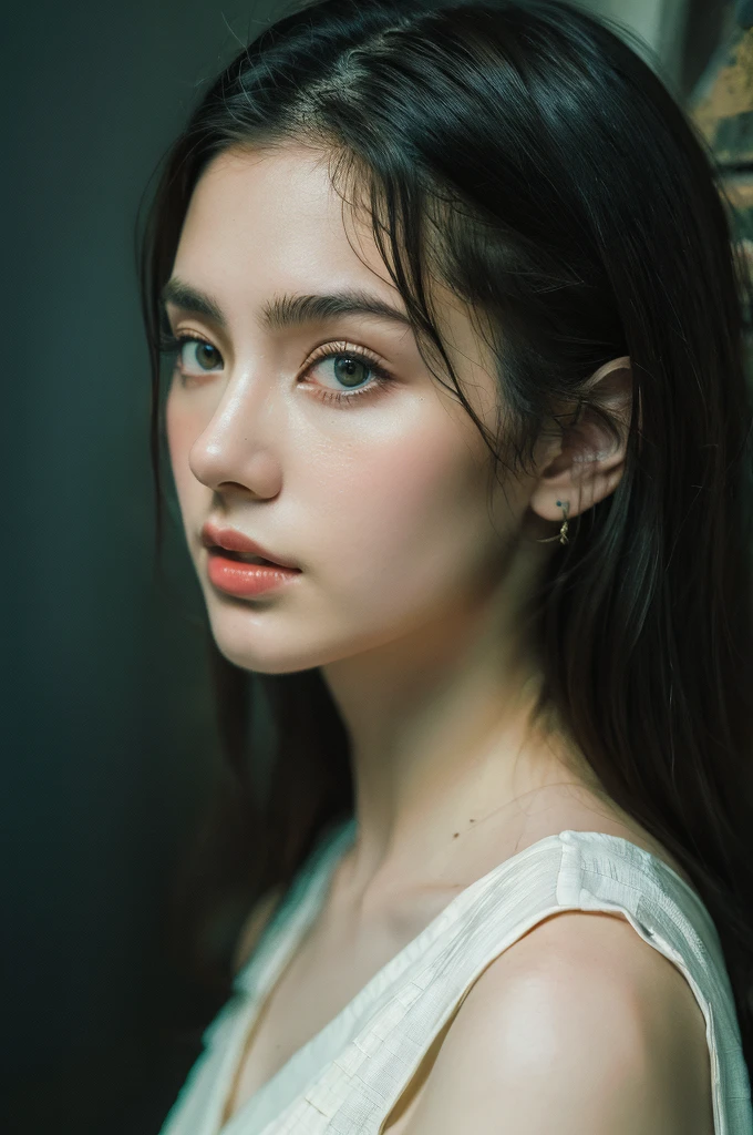 ( masterpiece, top quality, best quality,8k,17 years old girl,ultra detailed,raw photo:1.5),(photorealistic:1.4), (cinematic lighting), PerfectNwsjMajic, , Surrealism, UHD, ccurate, Super detail, textured skin, High detail, Best quality, dynamic angle, White skin,[Beautiful blue eyes], high nose,[flat chest:large breasts:0.5],(1girl),(good anatomy:0.5)), Dreamy atmosphere, Dark,expressive brush strokes, mystical ambiance, Artistic interpretation, Stunning Studio Ghibli style costumes, a whimsical illustration, Subtle colors and tones, mystical aura,straight face, hairstyles