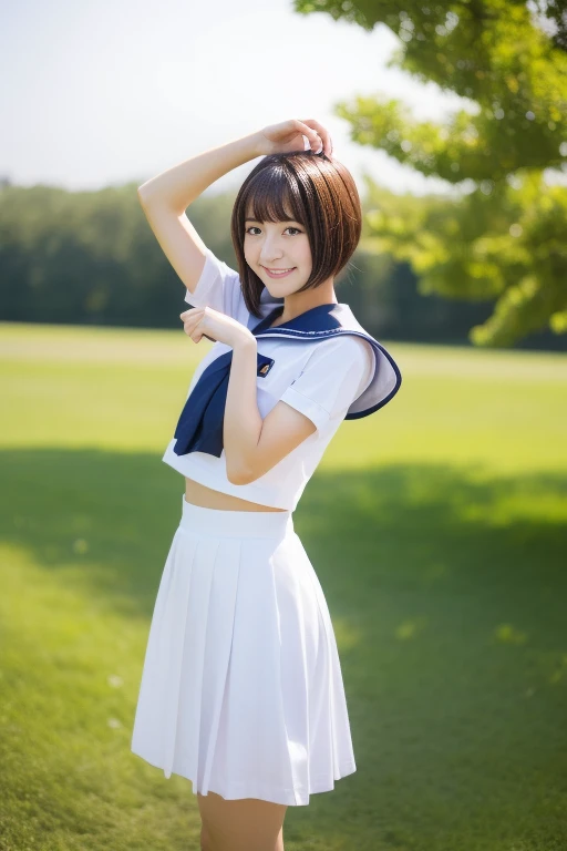 (masterpiece,highest quality,超A high resolution),Japanese women, Very beautiful  girl, Ubu no Girl、(Perfect limbs、Perfect Anatomy),((Bob Hair)).Cute Sailor Uniform、Short-sleeved sailor uniform、Navy Blue Skirt、pure white、Beautiful Skin、Watery eyes、Sparkling brown hair、The colors and landscapes of youth、Feeling of love、huge 、A shy smile、go to school、morning,belly button、