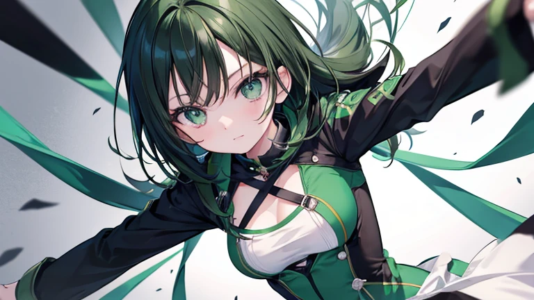Anime Style,highest quality, masterpiece,Green and black hair,  iris,Simple Background,One Girl, Exciting movement,classical
