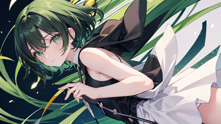 Anime Style,highest quality, masterpiece,Green and black hair,  iris,Simple Background,One Girl, Exciting movement,classical