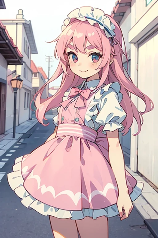 Girl with pink hair, long double-tailed hairstyle, ((small pink bushy eyebrows)), dressed in lolita clothing, marked vagina, lolicon (Zankuro) drawing style by zankuro artist, Zancro style, image uploaded to R34, standing in a street smiling