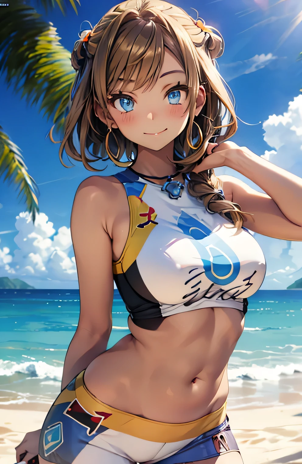 Anime illustration、highest quality、A short and smart high school girl、hot pants、Sandy Beach、Perfect proportions、overwhelmingly big breasts、Beautiful, shining eyes、Blushed、smile、Cowboy Shot