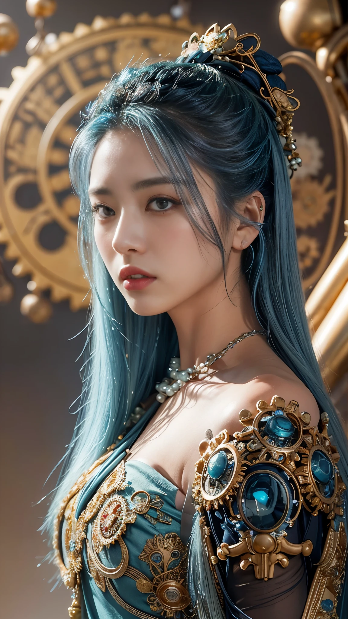 A subtle Chinese woman with a subtle characteristic, full lips, a smooth tan tan tone, blue hair, and blue hair are decorated with countless complex vortex elements, gears, gears, flower patterns, beads Hanging gorgeous jewelry conveys a tranquil contemplation; the Victorian style inspired by steam punk is injected into organic and mechanical aesthetics; the tranquil statue postures tranquility; -v2: 1.0>