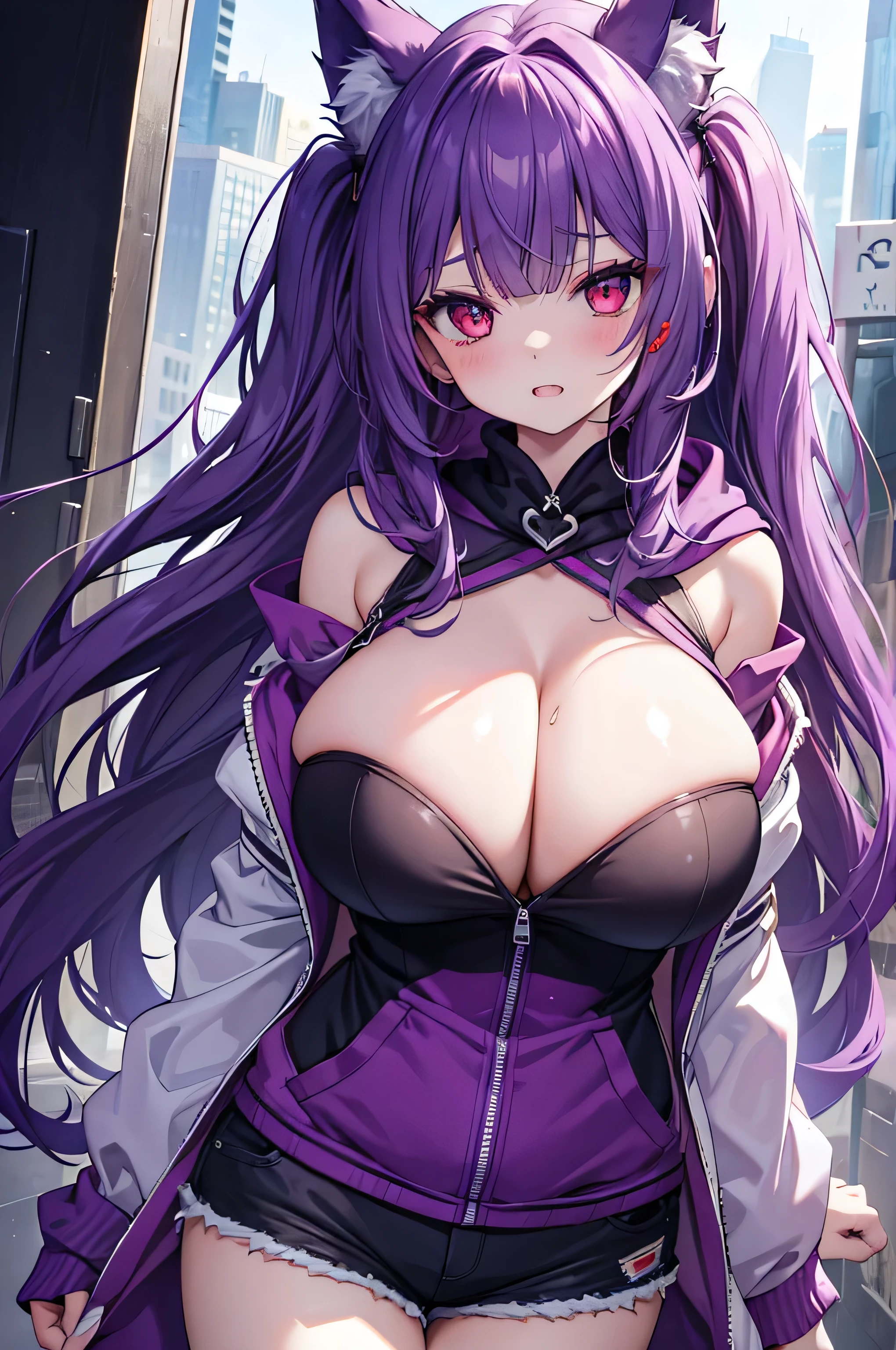 Wolf Woman, Big Breasts, Voluminous purple hair, masterpiece , Red eyes、Double teeth、tooth、Blushed cheeks、 hd, Head to Chest, buried in my chest、Underbust、Cleavage、hoodie、Shorts、