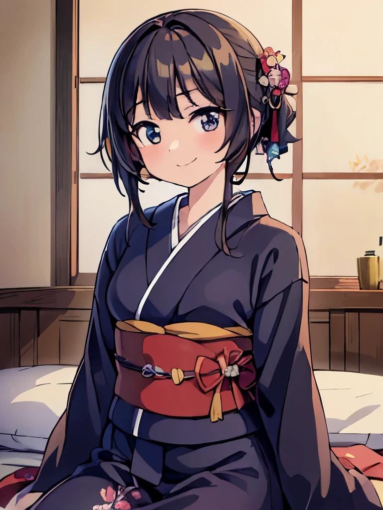 ((masterpiece)), ((best quality)), (ultra-detailed), anime style, on the bed, a cute girl, 1girl, solo, kimono, japanese cloth, ((beautiful eyes)), smile, beautiful black hair