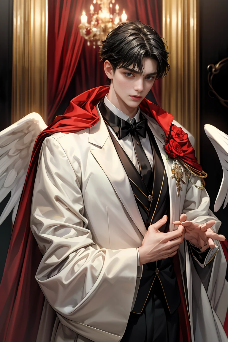 
masterpiece, 最high quality, high quality, 1 boy, alone, Male focus, Watching the audience,  Messy black hair, Adorable big blue eyes, White, Noble, Noble, Beautiful angel、Tuxedo、A tall stand-up collar, very big, very big, very big, long, long, reaching down to the floor, a long, long red and black cape made with a lot of fabric, 17 years old,Cute beautiful boys,Cute, cute, kind, handsome guy