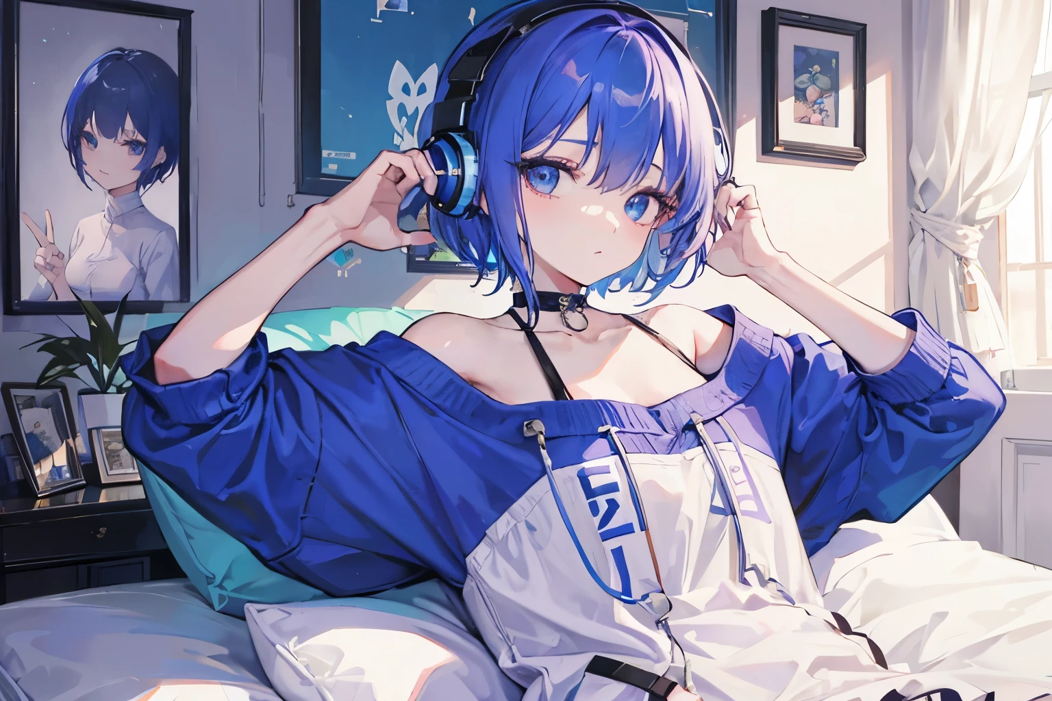 Woman listening to music with headphones in her room、short hair、Oversized、Arms wrapped behind head、2 arms、1 person、Refers to 5 bookasterpiece、Highest quality、highest quality、1 personの女の子、8k、Very beautiful eyes、winking、Small breasts、Trim your fingers、Straighten your fingers、Five fingers、thumb、little finger、index finger、Middle finger、ring finger