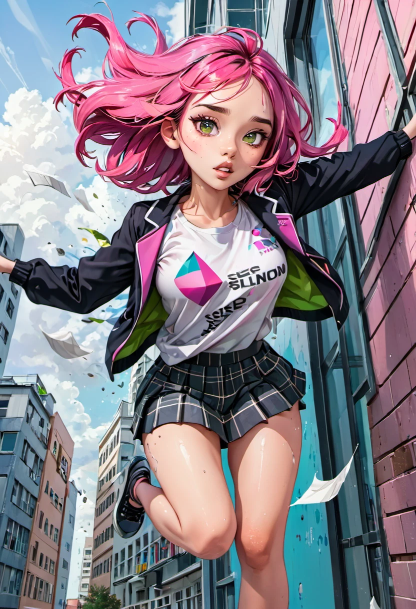 (falling from a building at high speed), girl with a beautiful face, black and pink hair, defined details, messy school clothes, looking at the camera, "Generate an illustration in a style that blends organic shapes with geometric patterns, emphasizing vibrant colors and dynamic compositions."