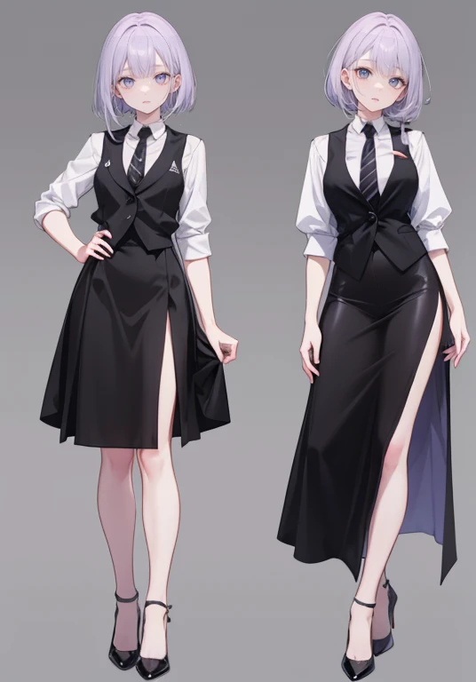 ((Perfect Face)),Purple Hair,High Layer Cut,Adult female,bartender,suit,Black vest,((Shirt with rolled up sleeves)),tie,skirt,slit,High heels,,((Simple Background)),smile,((Full Body)),((full body)),Portraits,virtual,upright,,Both arms are down,upright,
