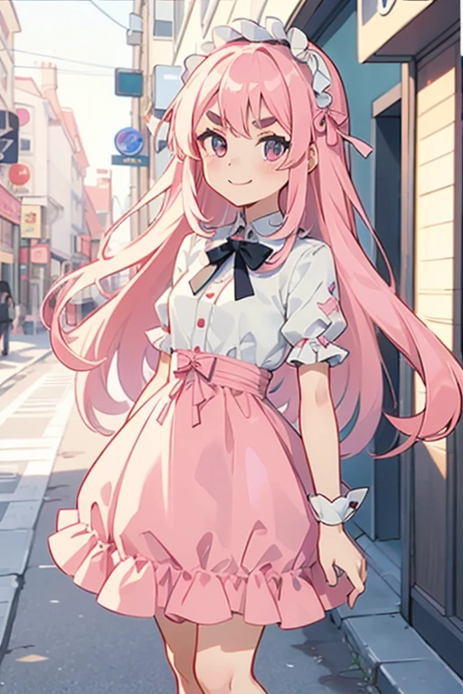 Girl with pink hair, long double-tailed hairstyle, ((small pink bushy eyebrows)), dressed in lolita clothing, marked vagina, lolicon (Zankuro) drawing style by zankuro artist, Zancro style, image uploaded to R34,  standing in a street smiling