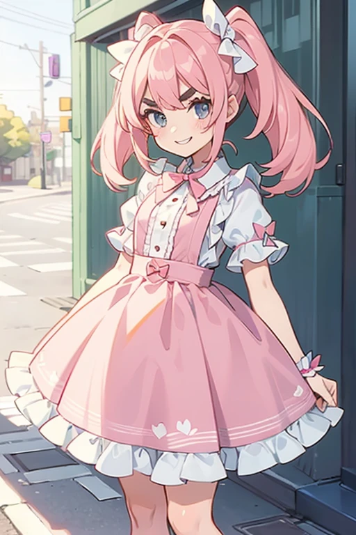 Girl with pink hair, long double-tailed hairstyle, ((small pink bushy eyebrows)), dressed in lolita clothing, marked vagina, lolicon (Zankuro) drawing style by zankuro artist, Zancro style, image uploaded to R34,  standing in a street smiling