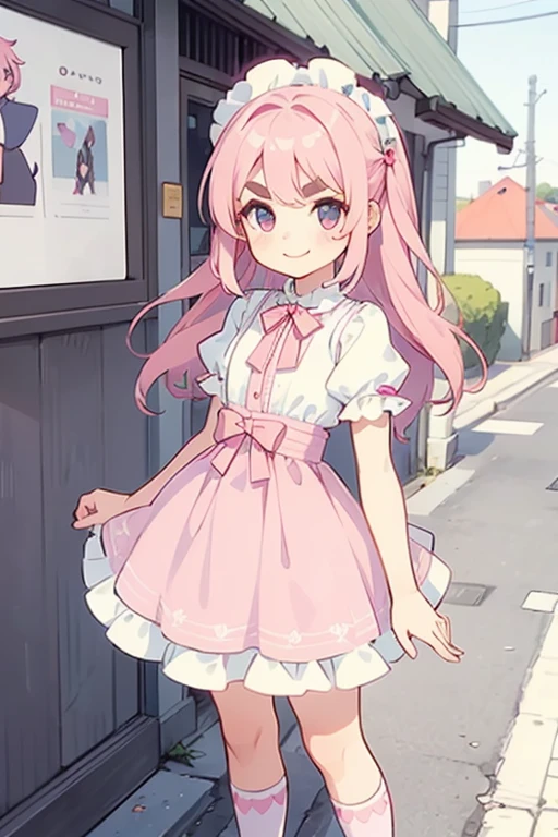 Girl with pink hair, long double-tailed hairstyle, ((small pink bushy eyebrows)), dressed in lolita clothing, marked vagina, lolicon (Zankuro) drawing style by zankuro artist, Zancro style, image uploaded to R34,  standing in a street smiling