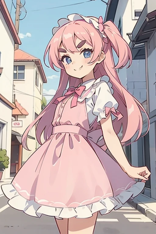 Girl with pink hair, long double-tailed hairstyle, ((small pink bushy eyebrows)), dressed in lolita clothing, marked vagina, lolicon (Zankuro) drawing style by zankuro artist, Zancro style, image uploaded to R34, standing in a street smiling