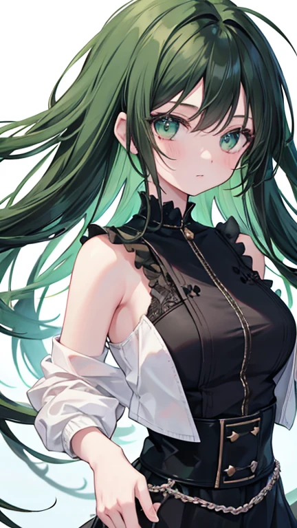 Anime Style,highest quality, masterpiece,Green and black hair,  iris,Simple Background,One Girl, Exciting movement,classical