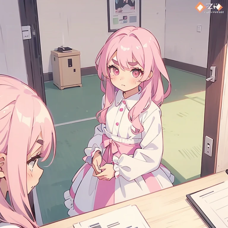 Girls with pink hair, long double-tailed hairstyle, ((small pink bushy eyebrows)), dressed in lolita clothes, marked vagina, lolicon (Zankuro) drawing style by zankuro artist, Zancro style, image uploaded to R34, changing of clothes in a room, looking away, not looking at the camera (hidden camera recording it, security camera filter recording it)