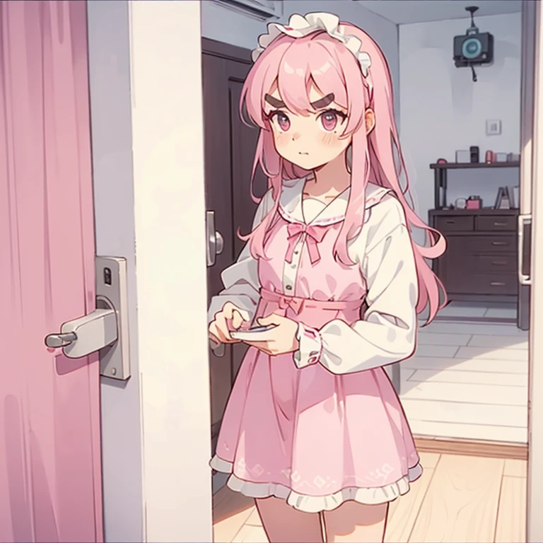 Girls with pink hair, long double-tailed hairstyle, ((small pink bushy eyebrows)), dressed in lolita clothes, marked vagina, lolicon (Zankuro) drawing style by zankuro artist, Zancro style, image uploaded to R34, changing of clothes in a room, looking away, not looking at the camera (hidden camera recording it, security camera filter recording it)