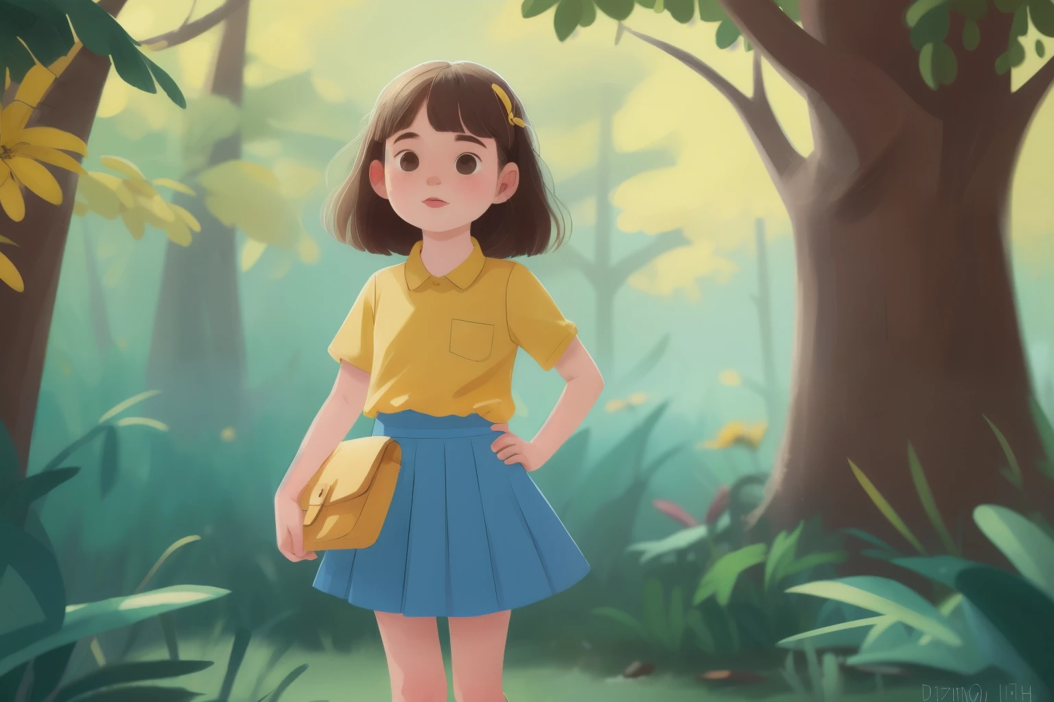 A girl wearing yellow shirt and a blue skirt.