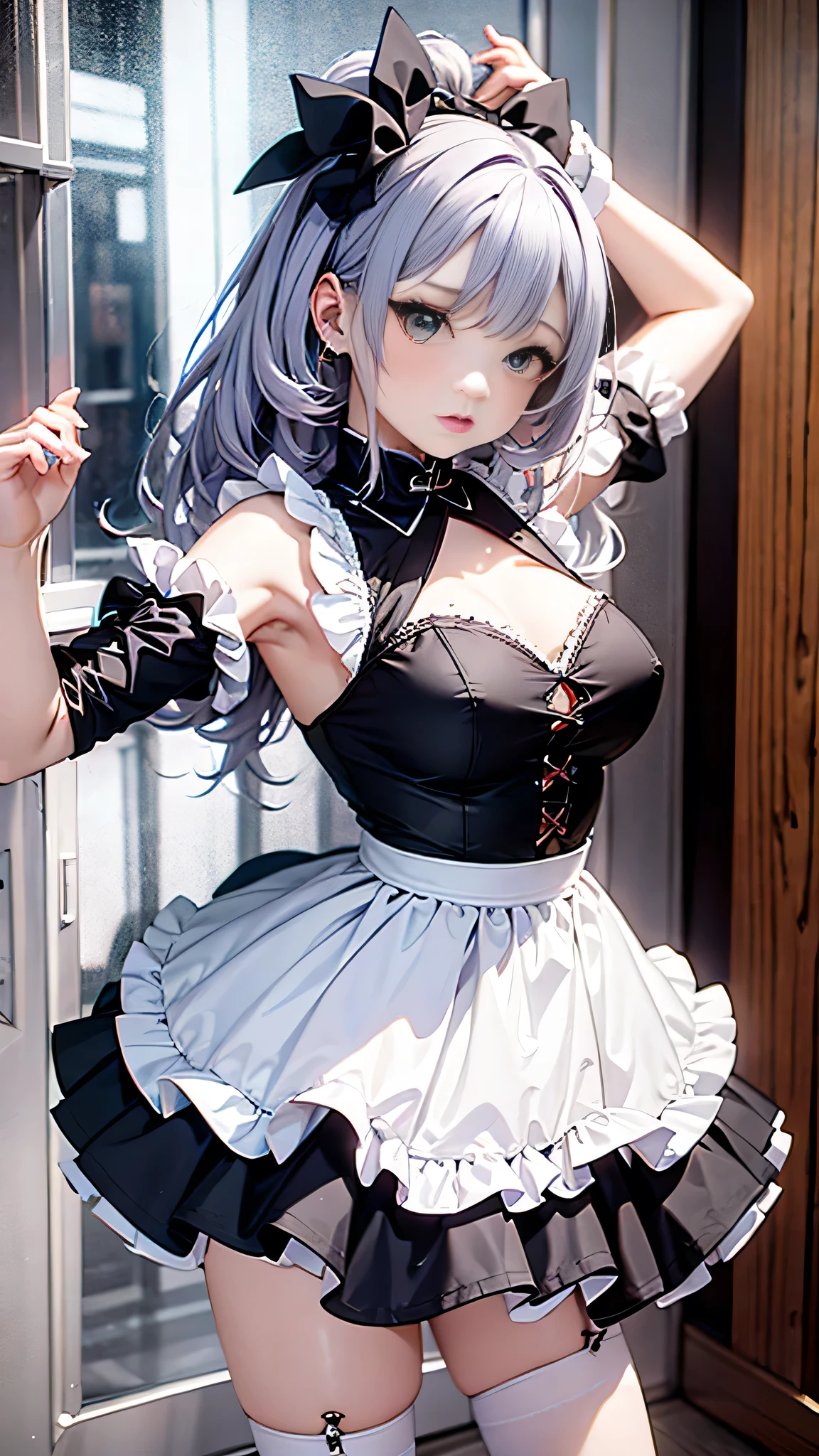 masterpiece, highest quality, figure, Fighting Pose, One girl, Noel Genshin Impact, Silver short hair, Green Eyes, Maid skirt with red side parts, Maid Knight, Maid Knight armor, City Bridge, water,