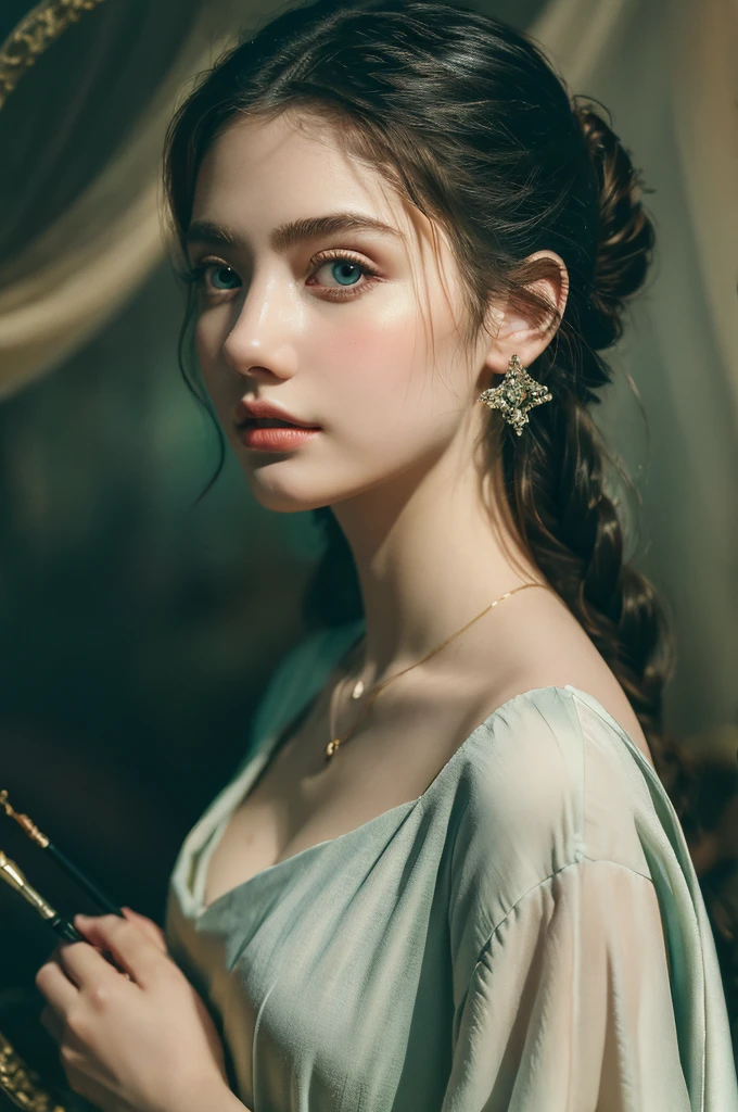 ( masterpiece, top quality, best quality,8k, girl,ultra detailed,raw photo:1.5),(photorealistic:1.4), (cinematic lighting), PerfectNwsjMajic, , Surrealism, UHD, ccurate, Super detail, textured skin, High detail, Best quality, dynamic angle, White skin,[Beautiful blue eyes], high nose,[flat chest:large breasts:0.5],(1girl),(good anatomy:0.5)), Dreamy atmosphere, Dark,expressive brush strokes, mystical ambiance, Artistic interpretation, Stunning Studio Ghibli style costumes, a whimsical illustration, Subtle colors and tones, mystical aura, jewelry ,sparkling, hairstyles