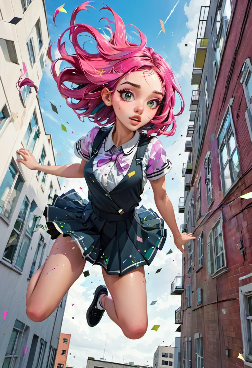 (falling from a building at high speed), girl with a beautiful face, black and pink hair, defined details, messy school clothes, looking at the camera, "Generate an illustration in a style that blends organic shapes with geometric patterns, emphasizing vibrant colors and dynamic compositions."