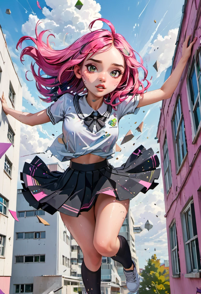 (falling from a building at high speed), girl with a beautiful face, black and pink hair, defined details, messy school clothes, looking at the camera, "Generate an illustration in a style that blends organic shapes with geometric patterns, emphasizing vibrant colors and dynamic compositions."