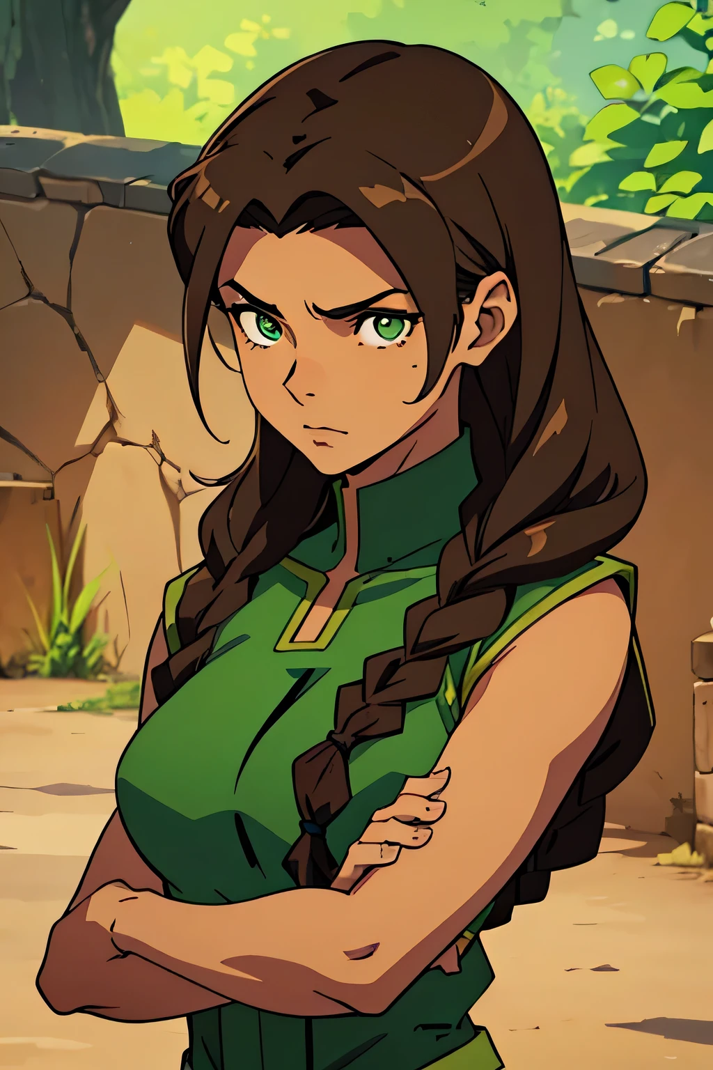 Earthbender human woman with tanned skin. She is a 16-year-old ager with green eyes and green clothing. Her hair is long and brown in color; it is fastened in a large braid. She is beautiful and her skin is dark in color. Her skin is slightly dark. Earthbender. Tsundere face.