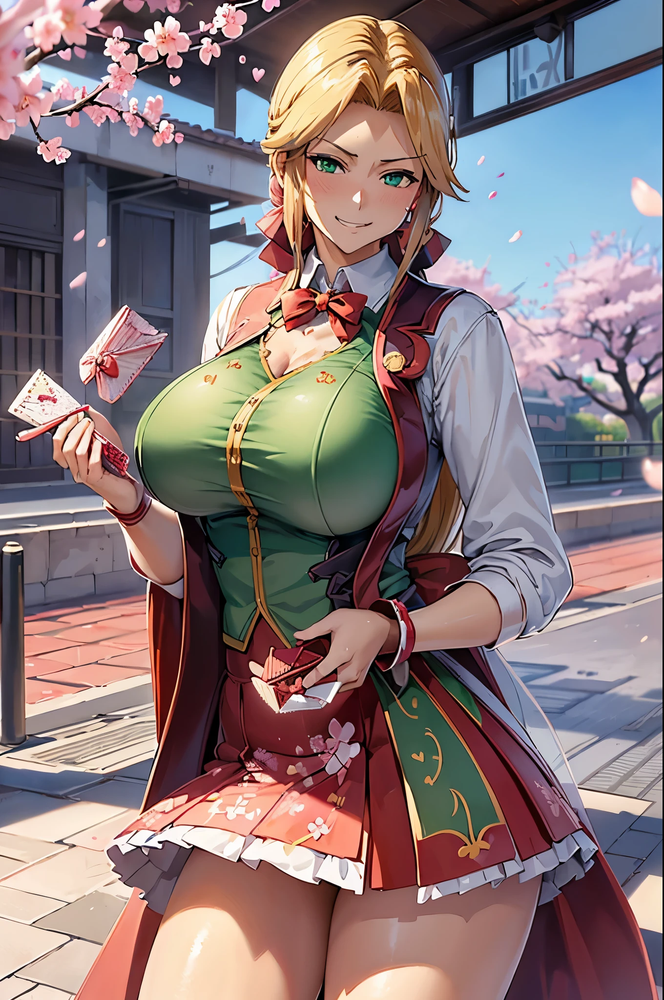 8Kんで(A sloppy smile, The face we&#39;re looking for, Mischievous face:2.3)(((((handing over a love letter:1.9)))))((woman,Huge , (Huge breasts:1.５),Are fat,とても唇が赤いHuge breastsを強調,Big Ass,Narrow waist,Long legs,Green Eyes立っている)) 8k((((Anime Style),(The facial expression is good))))8k(((((Anime Style)Green Eyes)))) 8k((Standing at the station))8k((Waiting for a train at the station))8k((Morning))8k((Beauty))((学生blazer15歳学生服 緑のネクタイ, blazer, Pleated skirt))8k(((spring,cherry blossoms,The wind is blowing,Her skirt is flipped up,cherry blossomsが散っている:1.3))) 8K(Close-up of the face:１.５)8Kんで(((((handing over a love letter))))) 8Kんで(((((handing over a love letter)))))8Kんでhanding over a love letter8Kんで(しっかりhanding over a love letter描写を:1.4)8k(womanの手の描写が上手い)