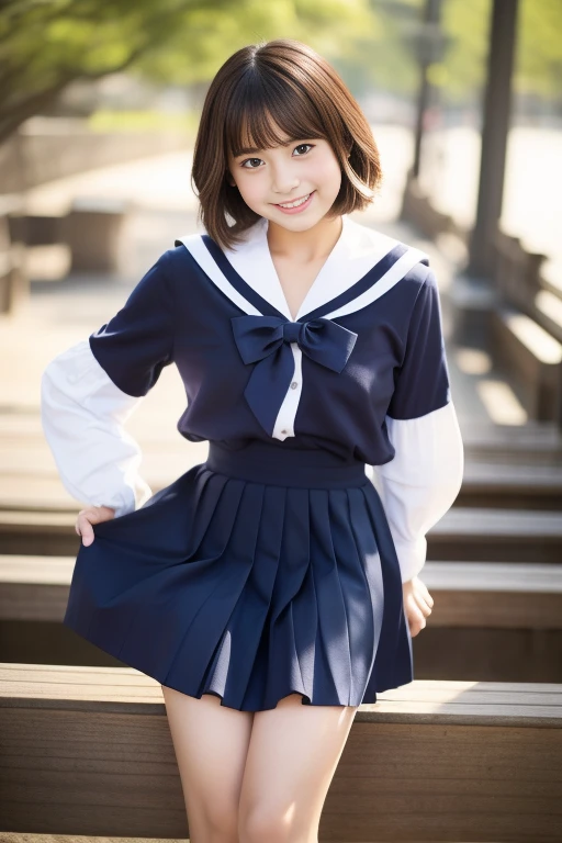 highest quality, masterpiece, Ultra-high resolution, (Realistic:1.4), RAW Photos, Very detailed, Perfect Anatomy, One girl, 12 years old, The most famous Japanese idols, Cowboy Shot,Arms folded and smiling, View your viewers, Wearing a long-sleeved sailor shirt and a navy blue pleated skirt, Very cute face details like the most popular Japanese actresses, Very beautiful big black round eyes, Very beautiful black short hair details, Detailed and very beautiful realistic skin, Very beautiful hips, Very beautiful body with attention to detail, Very beautiful thigh details, A long sailor shirt with attention to detail and a navy blue pleated skirt