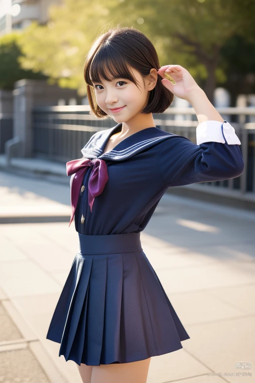 highest quality, masterpiece, Ultra-high resolution, (Realistic:1.4), RAW Photos, Very detailed, Perfect Anatomy, One girl, , The most famous Japanese idols, Cowboy Shot,Arms folded and smiling, View your viewers, Wearing a long-sleeved sailor shirt and a navy blue pleated skirt, Very cute face details like the most popular Japanese actresses, Very beautiful big black round eyes, Very beautiful black short hair details, Detailed and very beautiful realistic skin, Very beautiful hips, Very beautiful body with attention to detail, Very beautiful thigh details, A long sailor shirt with attention to detail and a navy blue pleated skirt