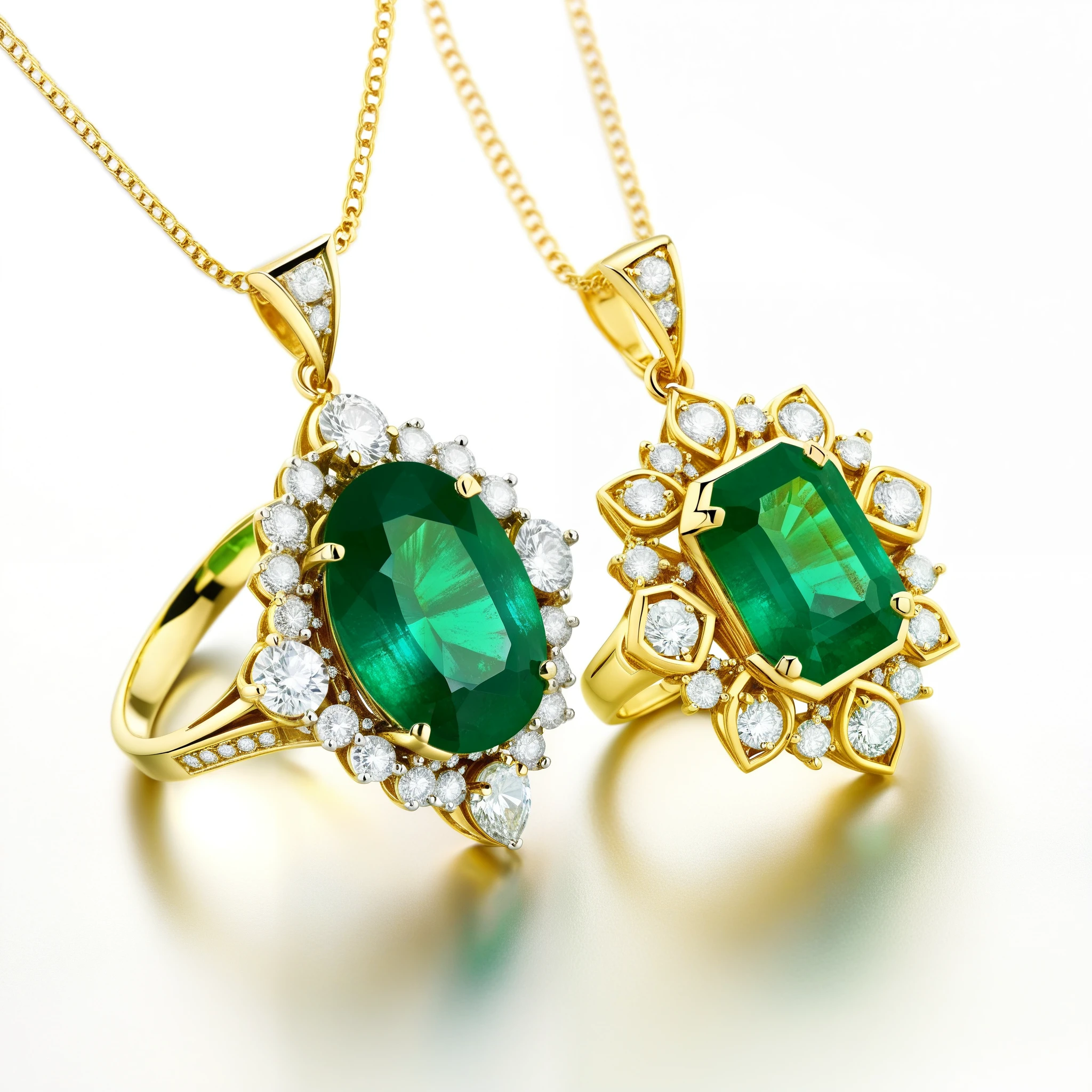 Photorealistic image of an intricately designed gold earring with a large, faceted emerald surrounded by tiny, sparkling diamonds; a matching gold ring with an emerald and diamond cluster; and a gold necklace with emerald and diamond pendants.