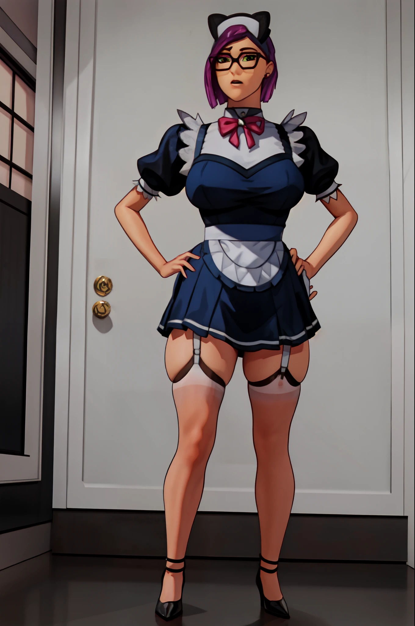 intricate details, 1girl, mature female, solo, standing, (legs apart:1.1), spread legs, hands on hips, full body,
looking at viewer, determined,
Pick hair, short hair, green eyes, glasses, earrings, jewelry,
maid, maid headdress, bowtie, maid apron, black shirt, puffy short sleeves, miniskirt, white thighhighs, garter straps, high heels,
(curvy:1.1), large breasts,
indoors, luxury room, window, mansion,