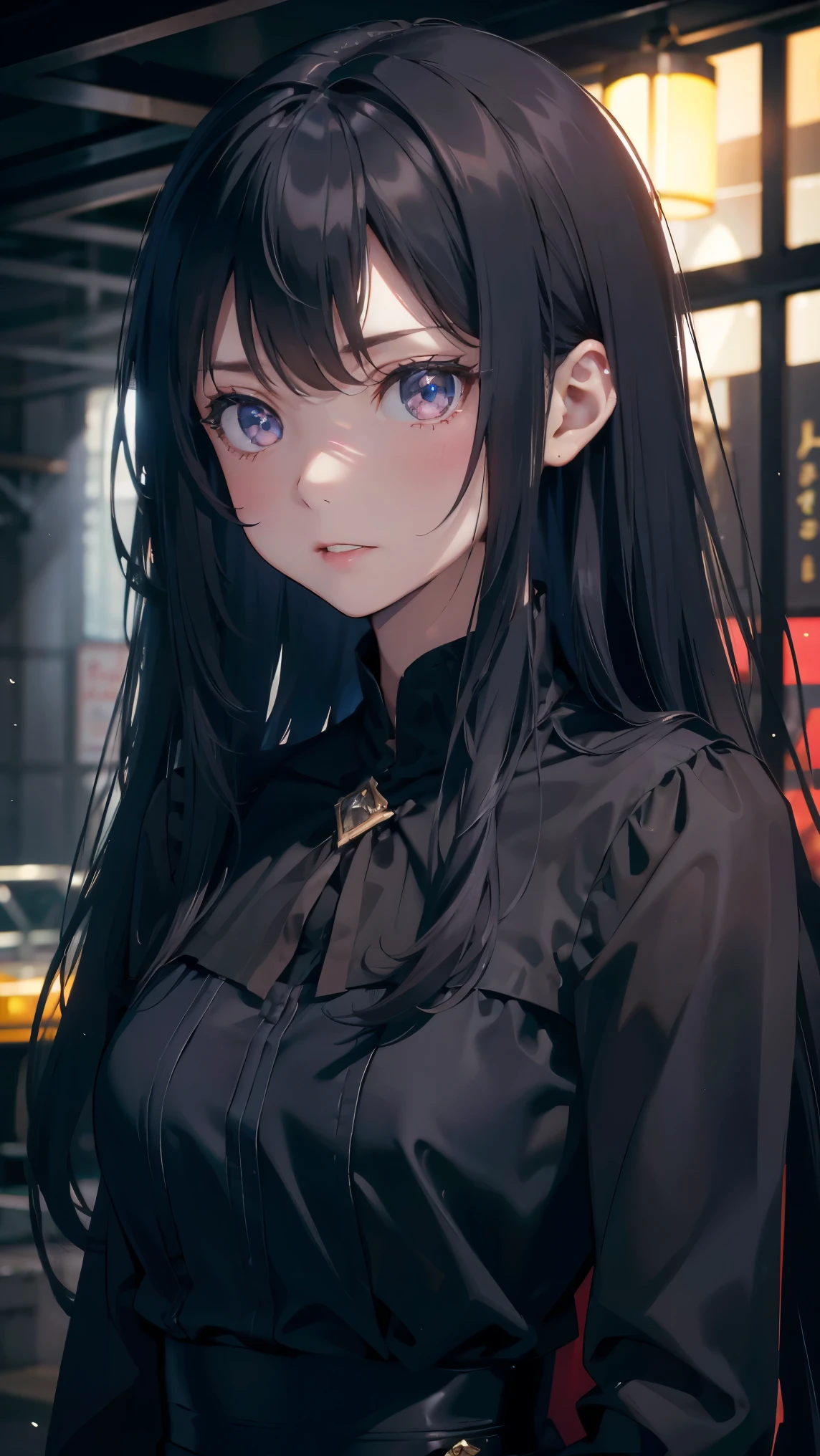 A girl around 13 years old，Pale skin，Very long hair, Black straight hair. big、Black eyes , With a strong and mysterious expression. Dressed in Orphan Movie Costume Style, More elegant and refined, Something that matches her mysterious and strong personality. comprehensive, Her presence will attract attention, Attract curious and curious eyes. flat chest, Movie Lighting, Chromatic Aberration, Backlight, masterpiece, High Detail, high quality, 4K.