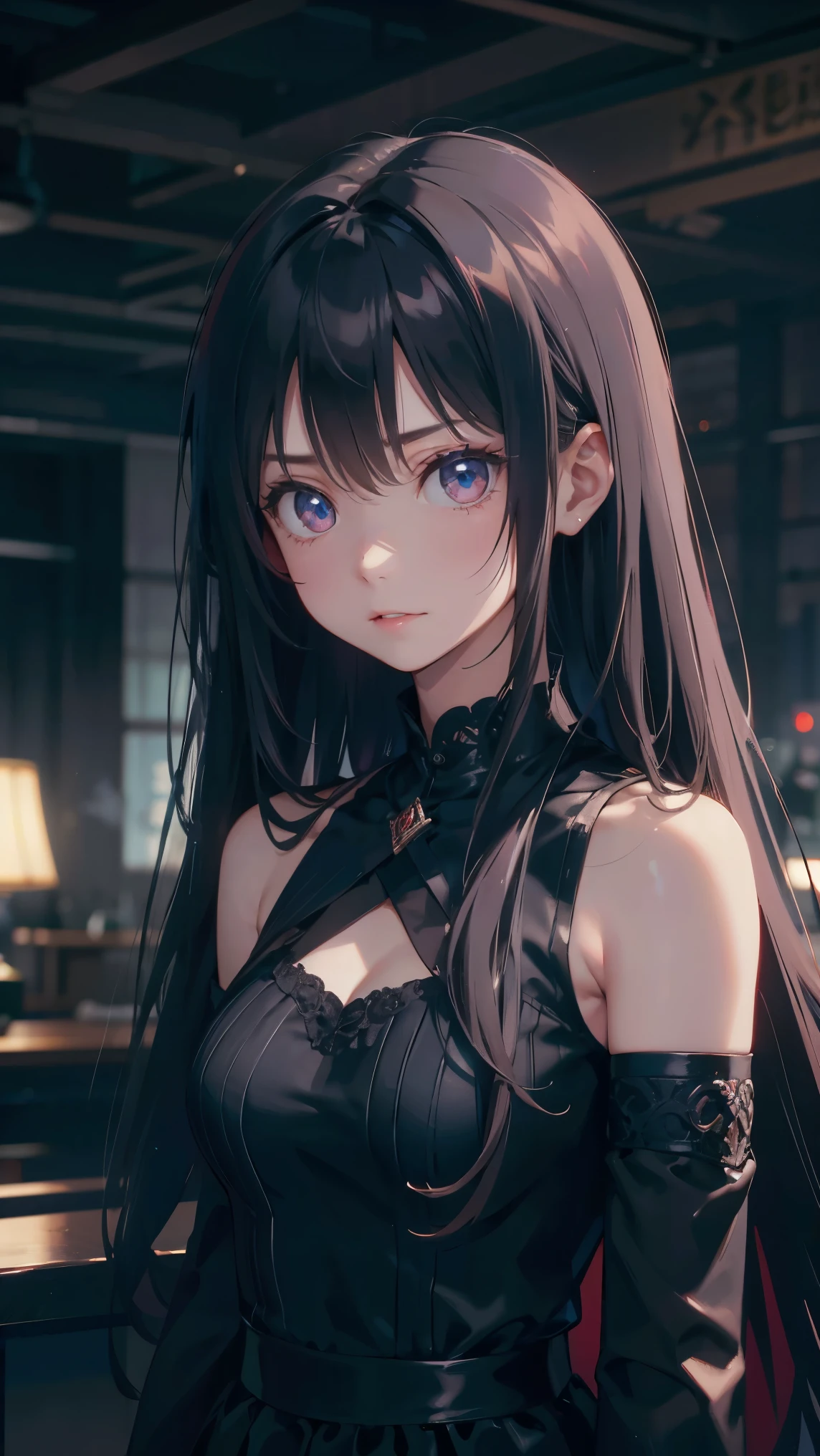 A girl ,Pale skin,Very long hair, Black straight hair. big、Black eyes , With a strong and mysterious expression. Dressed in Orphan Movie Costume Style, More elegant and refined, Something that matches her mysterious and strong personality. comprehensive, Her presence will attract attention, Attract curious and curious eyes. flat chest, Movie Lighting, Chromatic Aberration, Backlight, masterpiece, High Detail, high quality, 4K.