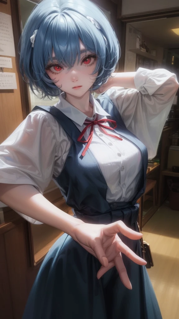 1 GIRL, reiayanami, rei ayanami, blue hair, short hair, (red eyes:1.5), ultra realistic, REALISTIC, Ultra detailed, More detailed, Japan city scenaries, Random scenaries japan, BREAK blue dress, dress, neck ribbon, pinafore dress, red ribbon, ribbon, , short sleeves, short-sleeved sweater, sweater, BREAK outdoors, city, BREAK looking at viewer, BREAK (masterpiece:1.2), best quality, high resolution, unity 8k wallpaper, (illustration:0.8), (beautiful detailed eyes:1.6), extremely detailed face, perfect lighting, extremely detailed CG, (perfect hands, perfect anatomy),
