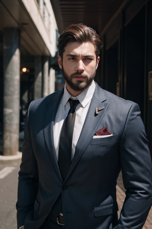 、Boy with brown hair、beard、wearing a suit and a tie、A photo with the body and head in a straight line, Turn the photo to face the viewer, The eye is fixed on the lens, In the photo you can see the shoulders and head, Man in the center of the photo, 8k, highest quality, Tabletop, Realistic, Realistic photo, Cinematic photography, ultra Realistic, Perfect lighting, DSRL, Professional photos, 4K Muscular
