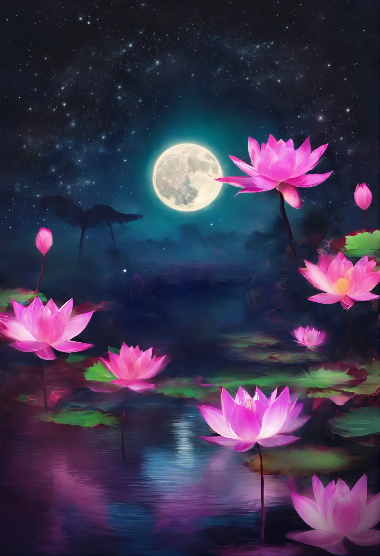 (masterpiece,Real photography,Simple composition:1.5),night,moonlight over lotus pond,plum bossom,Beautiful artistic conception,Realistic style,Magnificent atmosphere