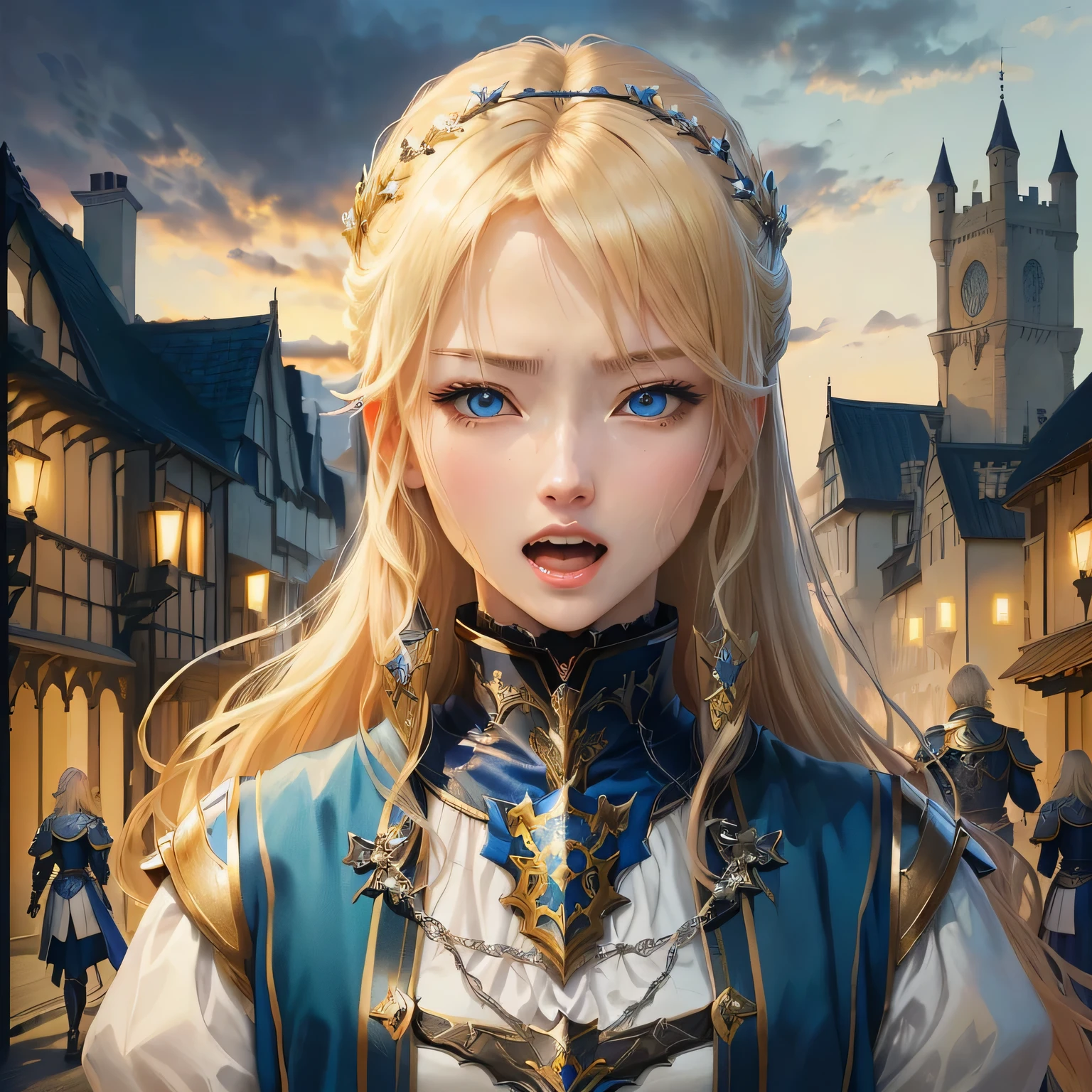 Anime-style image of a blonde, blue-eyed woman, Portrait of a girl in the Knights of the Zodiac, Vivid RPG Portraits, Beautiful female priest, portrait knight woman, April Rendering, Inspired by Valeria Dennes, portrait of female paladin, Inspired by Le Chevalier, Female protagonist 👀 :8, Artoria Pendragon, Detailed portraits、Demon-like form、Screaming