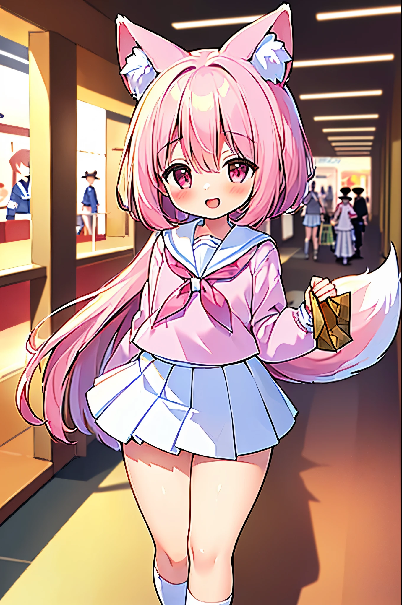 (((masterpiece))), (((最high quality))), (((high quality))), (((beautiful))), (((8k))), (((High resolution)) (((超High resolution))), (((High resolution))), (((Great illustrations))), (1 girl:1.4), (Pink Short Hair:1.3), (Pink fox tail:1.4), (Pink fox tail:1.2), Pink fox ears, (Pink Eyes), (Very small breasts:1.5), (Ultra-flat chest:1.4), (Cowboy Shot:1.3), (Cowboy Shot:1.4), (laughing:1.3), (Long sleeve:1.3), (sailor uniform:1.6), (Walking through a shopping mall:1.4), (White pleated skirt:1.5)
